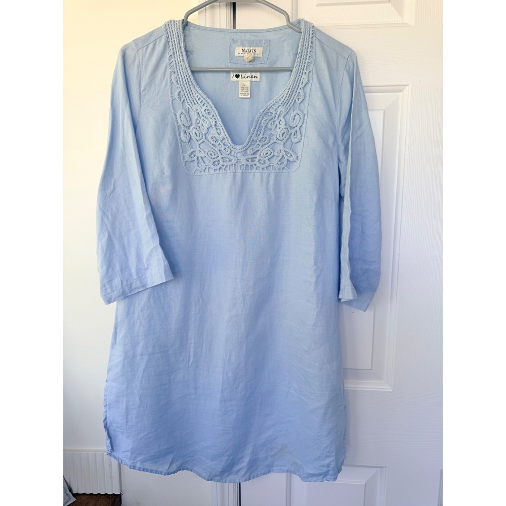 Malvin Hamburg Germany Light Blue Linen Crochet Lace V-Neck Dress Top Large